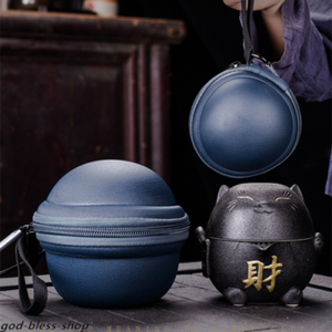 Travel Tea Set with Portable Tea Bag Porcelain Tea Pot + 2 Tea Cup Wealthy Cat