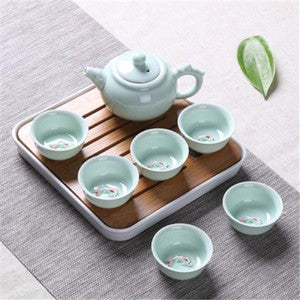 Chinese tea set porcelain tea cups fish relief ceramic tea pot portable tea tray