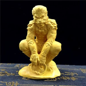 Natural Boxwood Carved Monkey King Statue Sun Wu Kong Sculpture Home Car Decor