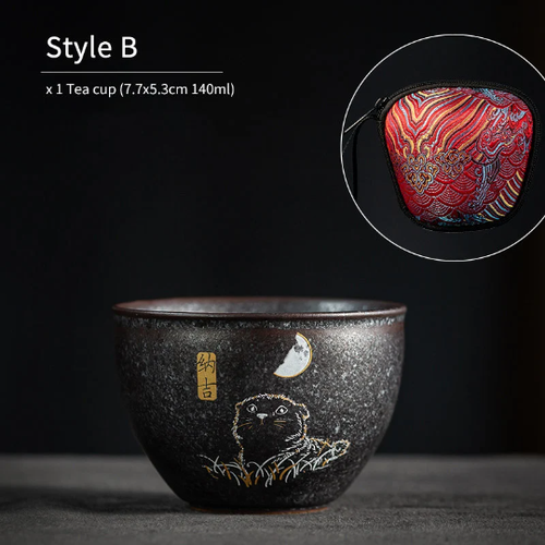 Lovely Cat Black Ceramic Tea Cup Asia Tea Cup for Tea Lover 140ml