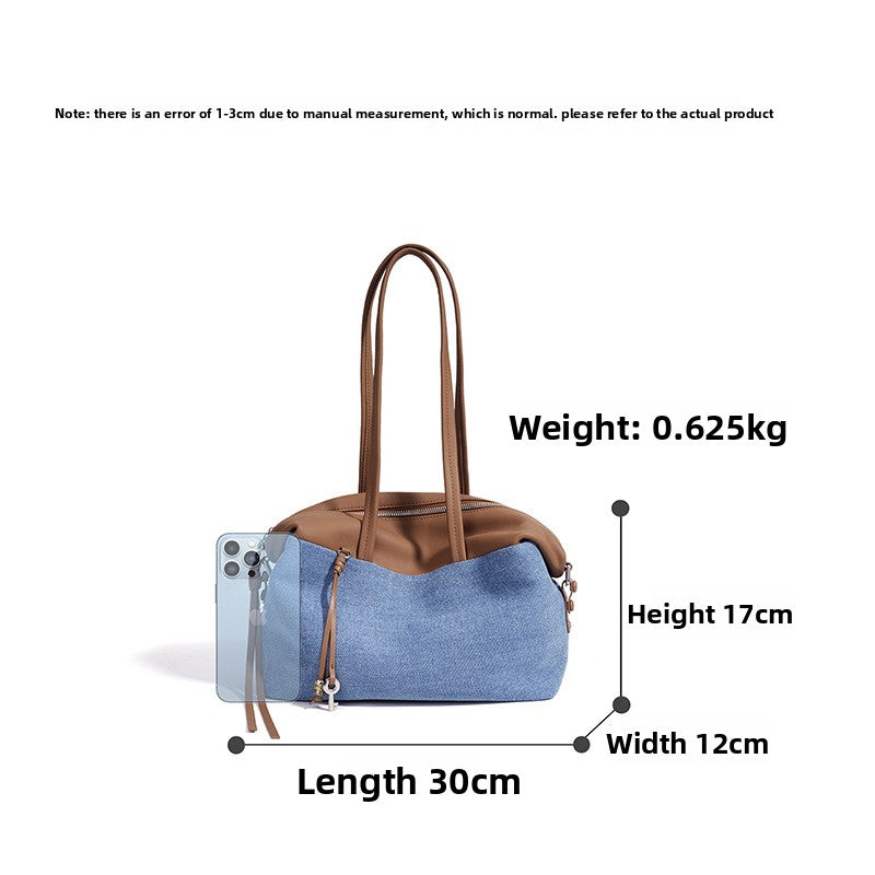 Genuine Cowhide Denim Patchwork Tote Bag for Women, New Spring Summer Vintage Large Capacity Shoulder Underarm Top Handle Handbag, Versatile Commute Purse for Ladies
